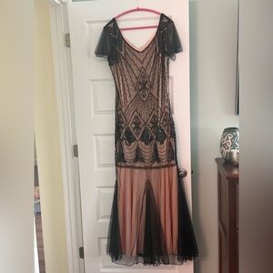 Beaded Black Mesh Overlay Evening Dress with Nude Lining